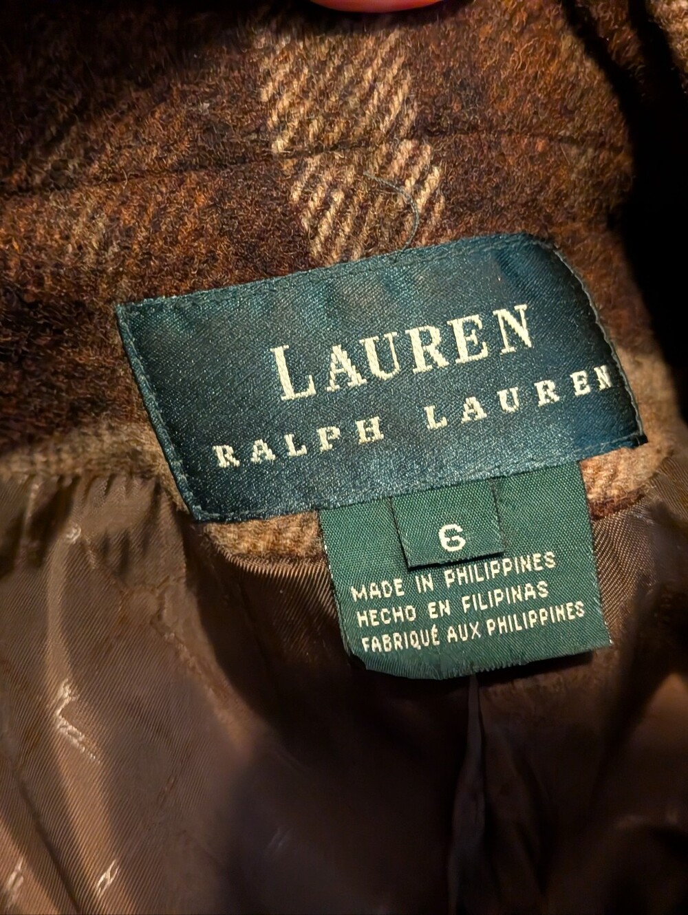 Y2K Lauren Ralph Lauren Brown Plaid Blazer Jacket 100% Lambswool Equestrian Sz 6 - Picture 8 of 9